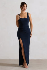 Navy Square Neck Maxi Dress with Plunge Back and Side Thigh Split